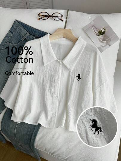 Comfortcana Plus Size Women's Loose Casual Horse Print Drop Shoulder Single-Breasted Shirt Blouse Summer Crop Shirt For Women Cropped Shirts Cropped Blouse Cute Blouses