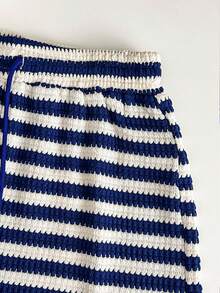 Resyla Women's Striped Print Tie Waist Casual Vacation Shorts - Blue and White - View 6