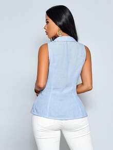 SOLERSUN Women's Summer Light Blue Elegant Double Breasted Sleeveless Blazer,Tropical Cocktail Fashion Casual Button Office Business Commute Stylish Wear - Baby Blue - View 2
