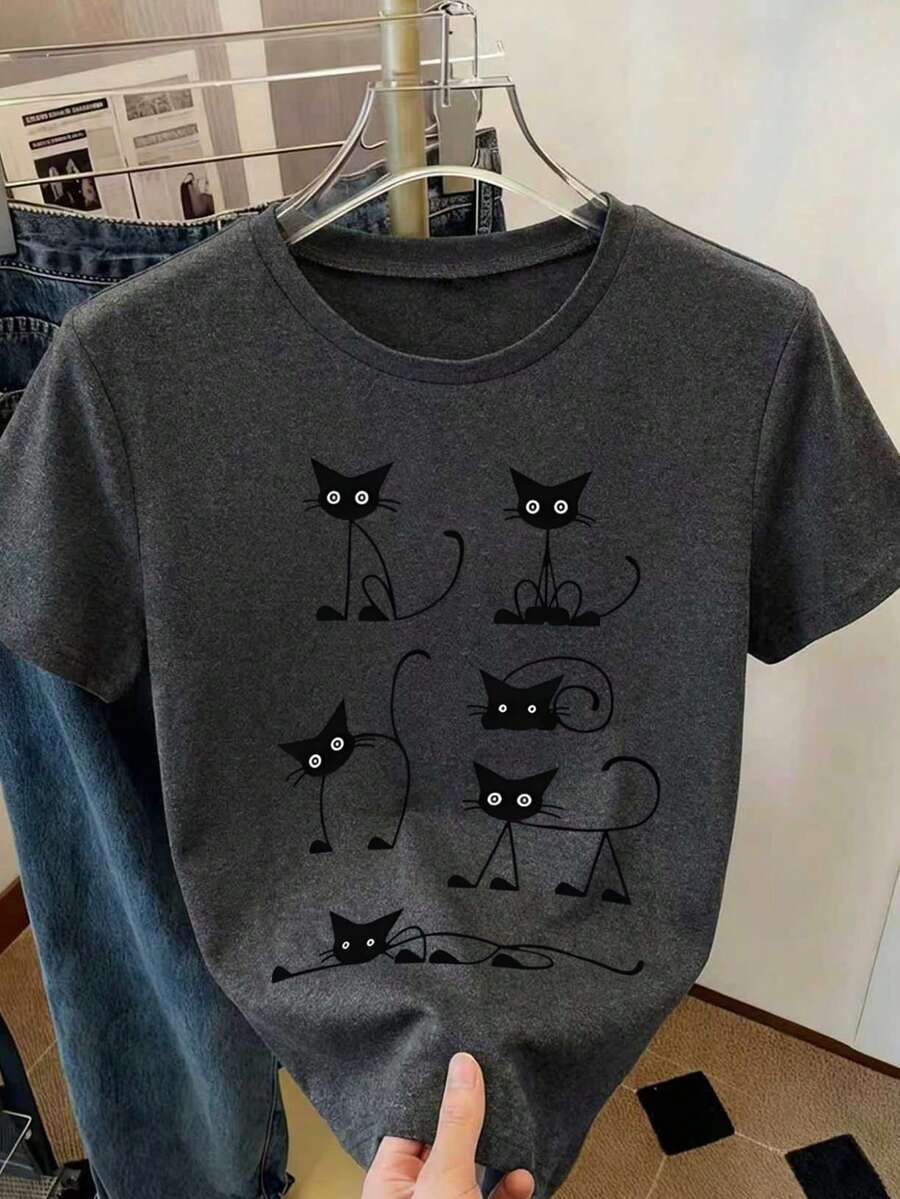 INAWLY 可爱猫咪图案女士休闲圆领短袖T恤 - 深灰色 - 查看 1