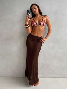 Aloruh Bộ bikini 3 món họa tiết cánh hoa: Áo yếm cổ yếm, quần tam giác và váy maxi, lý tưởng cho kỳ nghỉ biển. - màu nâu - Xem 5
