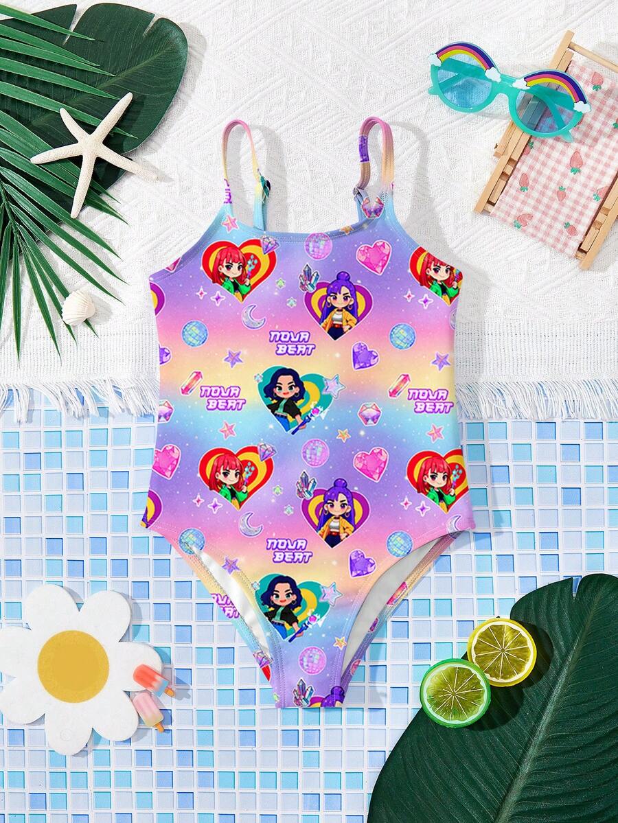 SHEIN 少女卡通渐变印花,K-Pop巨星,卡通少女组合泳装印花图案,适合夏季的连体泳衣 - 彩色 - 查看 1