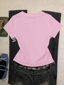 Glimmora Casual Slogan Print Short Sleeve T-Shirt, Summer - Pink - View 2