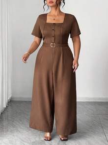 SHEIN Elenzya 大码女式纯色方领短袖纽扣设计阔腿休闲连体裤棕色连体裤女式连体裤 - 棕色 - 查看 5