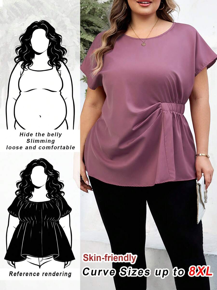 SHEIN CURVE+ Curve 尺码 US22 音乐节、海滨度假、波西米亚风女士休闲纯色蝙蝠袖褶皱腰身衬衫，夏季 - 紫色 - 查看 1