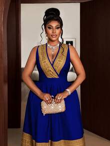 Maweii Plus Size Women V-Neck Ruched Waist Colorblock Elegant Party Dress - Blue - View 6