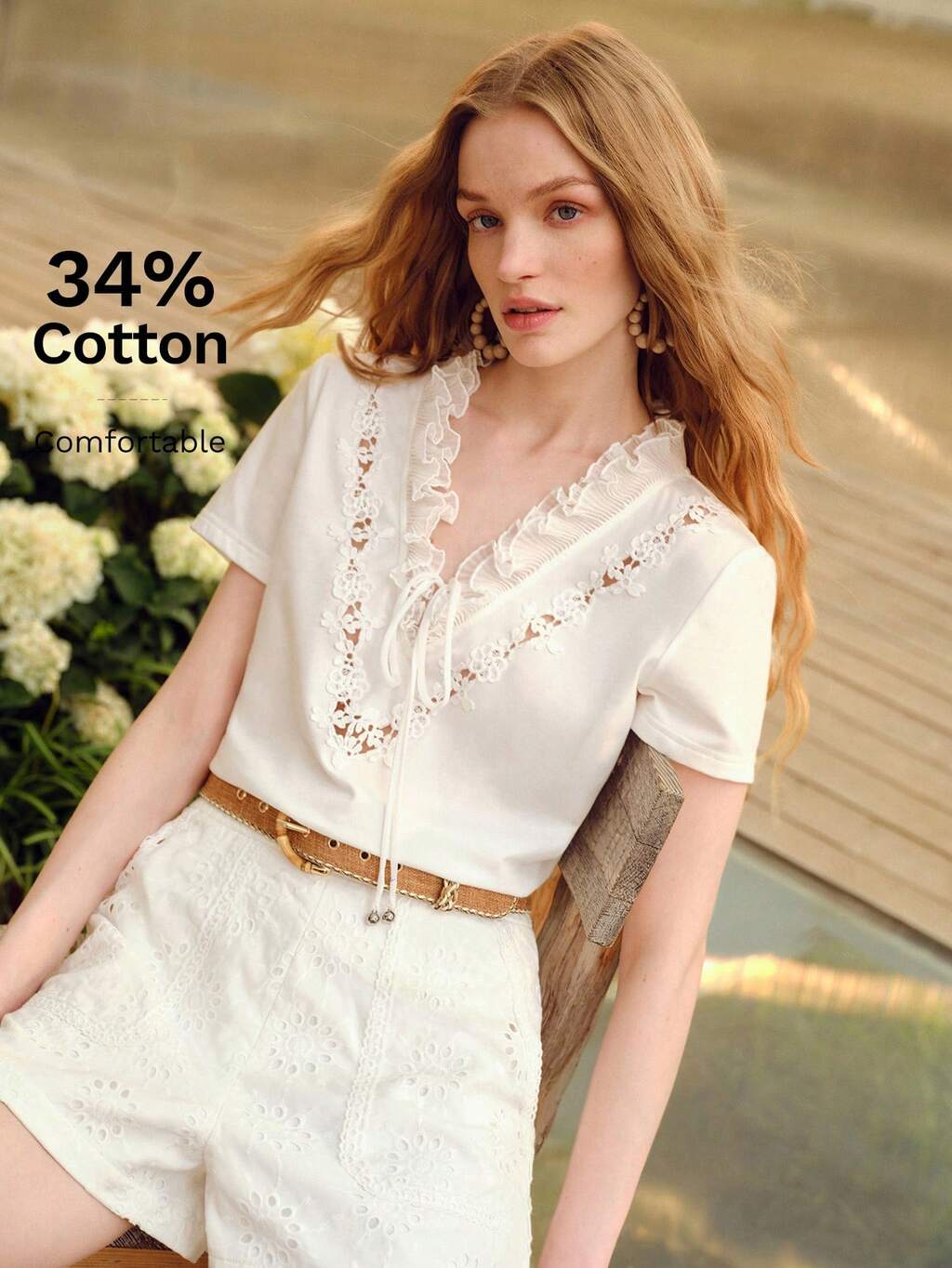 WOMEN'S V-NECK CONTRAST LACE SHORT SLEEVE BLOUSE WITH RUFFLE TRIM, SPRING/SUMMER