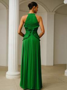 ZEYLAH Elegant Extra Long Ruched Flounce Hem Dress, Spring/Summer - Green - View 3