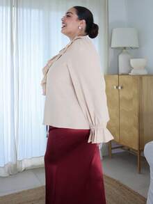 Pretty and Ole Plus Size Casual Solid Color Ruffle Trim Shirt/Fall/Winter - Khaki - View 5