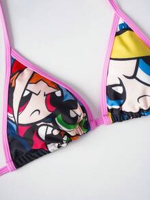 THE POWERPUFF GIRLS X SHEIN 女士夏季沙滩卡通印花露背系带性感比基尼泳装套装 - 彩色 - 查看 9