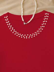 SHEIN Franclia 女士时尚珍珠领连体衣，休闲度假连体衣，春夏连体衣 - 紅色 - 查看 3