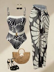 Swim Oasis Women 2pcs/Set Random Shell Print Swimsuit With Mesh Maxi Skirt, Casual Holiday One-Piece Swimwear Set - Black - View 1