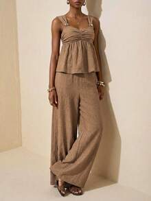 Zivah Khaki Summer Casual Vacation Holiday Women's Elegant Sweetheart Neckline Camisole With Metal Buckle Decoration & Wide-Leg Pants Two Pieces Set - Brown - View 8
