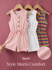 SHEIN Playful Pals 3件組女嬰幼兒可愛休閒Y2K粉色條紋彩色彩虹素色羅紋針織無袖鈕扣連身褲夏季度假套裝 - 彩色 - 查看 10