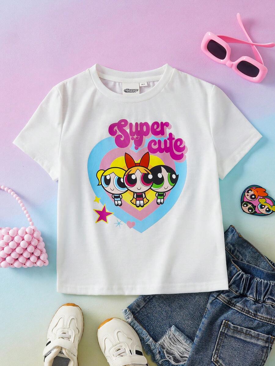 THE POWERPUFF GIRLS X SHEIN 少女圆领卡通字母印花短袖T恤,适合夏季日常穿着 - 白色 - 查看 1