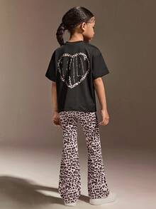 SHEIN Young Girls' Casual Leopard Print Sportswear Set,Baby Pink,Autumn Winter Relaxed-Fit Logo Tee And Flared High-Stretch Pants,Soft Active, Fall, Yoga - Black - View 4