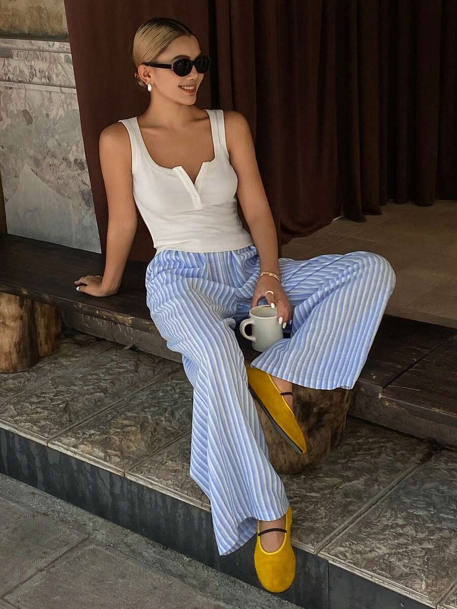 DAZY 女士夏季休闲半拉链背心上衣和条纹睡裤家居服套装 - 白色 - 查看 1