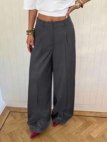 SHEIN EZwear Quần tây ống rộng màu xanh than dành cho nữ, chất liệu dệt kim. - Xám - Xem 4