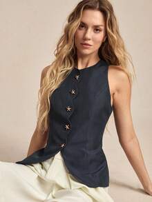BizChic Blue Tank Top, Round Neck, Waist-Cinched, Casual, Sporty, Country, Daily, Business, Formal, Commute, Date, Vacation, Office, Slimming, Elegant, Sexy, Versatile, Summer, Autumn, Halloween, Back To School, Party, Birthday, Wedding Guest, Church, Special Occasion, Outing, Beach, Gathering, Social, Holiday, Shopping, Afternoon Tea, Travel, Vacation, Slouchy, Street, Minimalist - Navy Blue - View 5