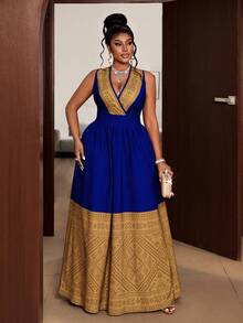 Maweii Plus Size Women V-Neck Ruched Waist Colorblock Elegant Party Dress - Blue - View 4
