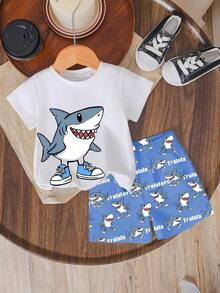 SHEIN Streecool Kids 2件組男童白色夏季休閒椰子樹與漸層印花短袖T恤短褲套裝，舒適日常穿著，春季穿搭，禮物 - 彩色 - 查看 6