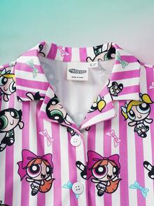 THE POWERPUFF GIRLS X SHEIN 女童条纹卡通印花短袖上衣和短裤休闲家居服套装 - 粉色 - 查看 6