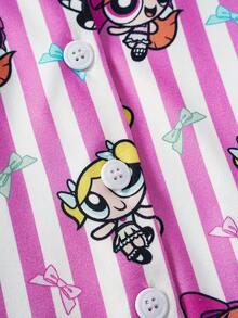 THE POWERPUFF GIRLS X SHEIN 女童条纹卡通印花短袖上衣和短裤休闲家居服套装 - 粉色 - 查看 7