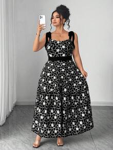 SHEIN Clasi فستان ماكسي أنيق وأنيق مطبوع بنقشة الأزهار الأبيض والأسود مع أربطة عقدة، مناسب للشاطئ والرحلات والمشي والارتداء اليومي والحفلات الصغيرة، مصمم لتنحيف الخصر للمرأة ذات الحجم الكبير - متعدد الألوان - مشاهدة 5
