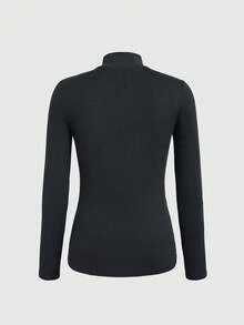 SHEIN LUNE 女士纯色立领修身休闲长袖上衣 - 黑色 - 查看 2