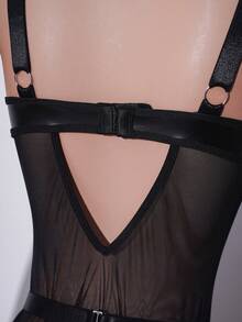 AltCore 2pcs Black Rivet Leather & Mesh Lingerie Set - Black - View 9