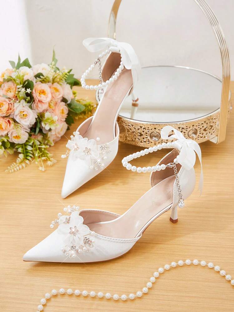 CUCCOO HITCHD Women Shoes Summer New Women's High Heel Shoes Faux Pearl Decorative Flowers Embellished Pointed Thin Heel 6.5cm Elegant Fairy Style Satin Solid Color Bridesmaid Shoes Dating Dinner Shoes Summer Shoes Wedding Shoes Bride Shoes