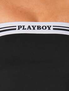 Missguided x Playboy 黑色抹胸露脐上衣，饰有白色撞色滚边和品牌标志细节，打造休闲夏日风格 - 黑色 - 查看 4