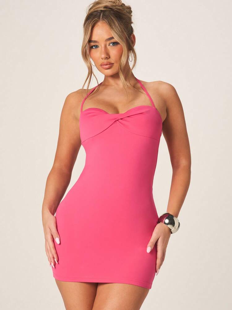 MISSGUIDED Bright Hot Pink Halter Neck Mini Dress With Twist Front Detail Bodycon Fit For Party Cocktail Evening Summer Spring Club Night Out