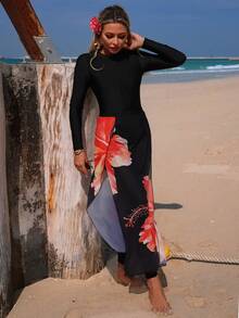 Swim Shayni New Black Long Sleeve Swimwear With Red Floral Print Mesh Skirt Overlay, 2-Piece Set Modest Swim Dress Beach Long Dress Resort Wear Women Maxi Long Sleeve Dress Long Casual Dress - Multicolor - View 3