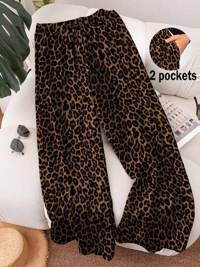 SHEIN Frenchy Pantalones sueltos de estampado de leopardo de talla grande