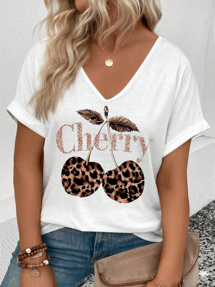 EMERY ROSE New Arrival Spring/Summer Leopard Print Cherry V-Neck Short Sleeve Plus Size Women T-Shirt - White - View 1