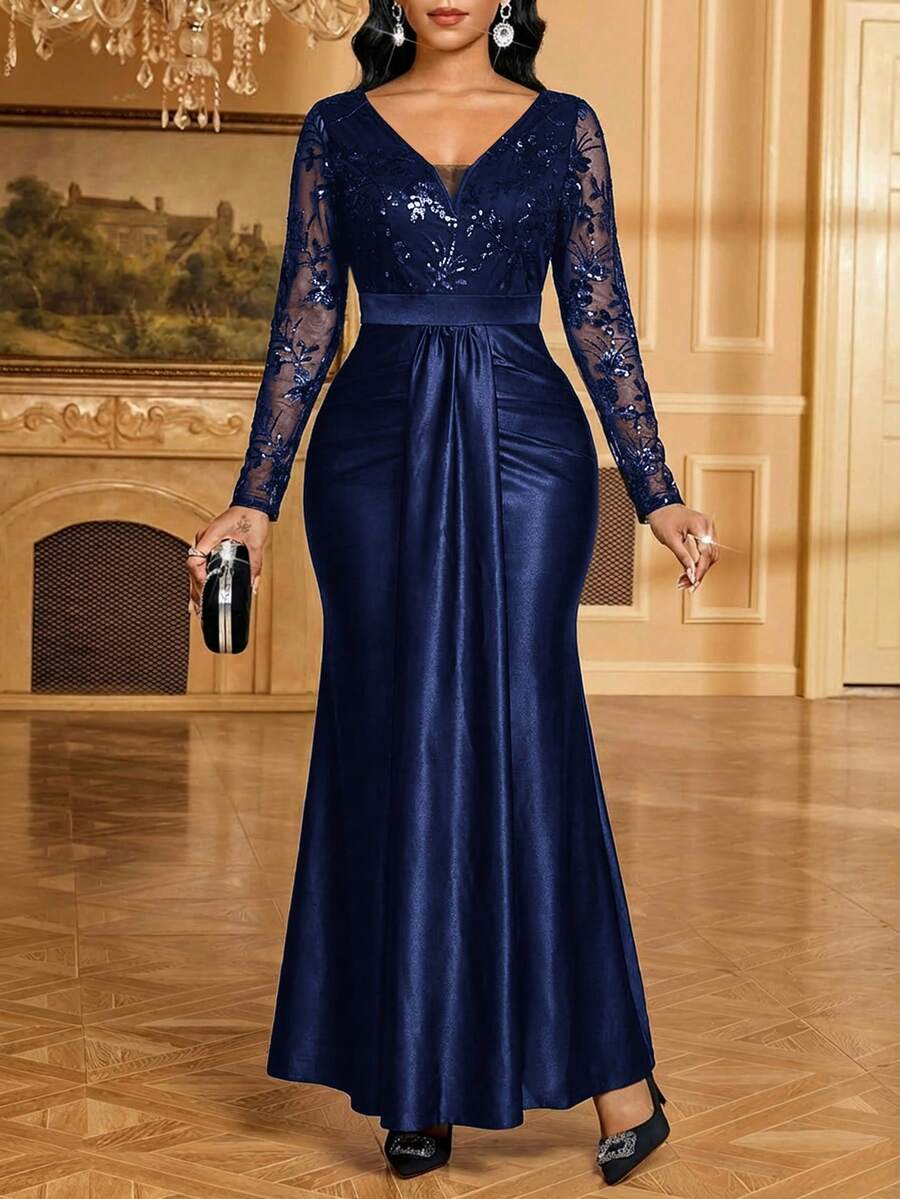 SHEIN Lady 女士优雅派对亮片刺绣网纱拼接鱼尾裙 - 藏蓝色 - 查看 1