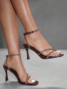 CUCCOO SZL Women Fashion Shallow Gold Rhinestone High Heel Square Toe Sandals, Suitable For Commuting, Dating, Party For Christmas - Coffee Brown 3 - View 7