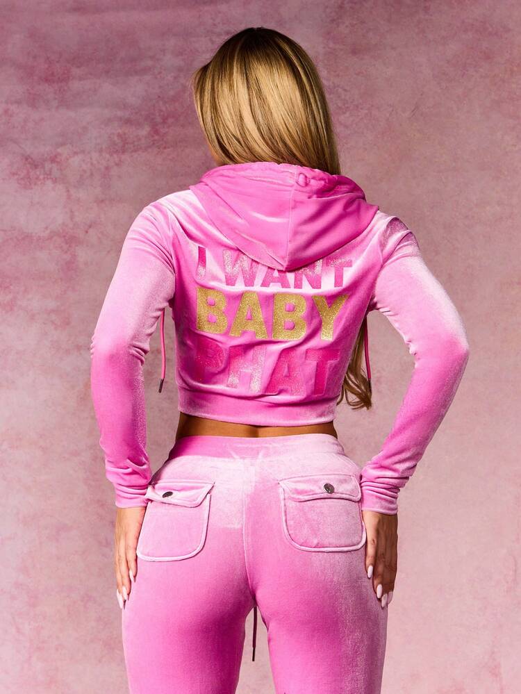 BABYPHAT Felpa con cappuccio e chiusura lampo intera in velluto rosa, con stampa di testo sulla schiena, manica lunga, corta, casual, streetwear per donna
