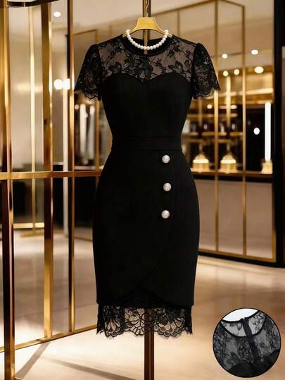 GlowEve Elegant Fitted Contrast Lace Sheer Sweetheart Neck Low-Cut Waist Sexy Bodycon Mini Dress For Women, Spring/Summer Lace Black Dress Black Dress Classy Elegant Elegant Black Dress