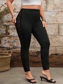EMERY ROSE Plus Size Solid Color Lace Patchwork High Waist Leggings Lace Leggings - Black - View 4