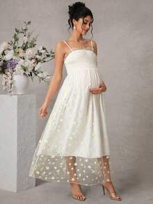 Momance 孕妇连衣裙，吊带，A字廓形，雏菊网纱双层设计长裙 - 黃色 - 查看 4