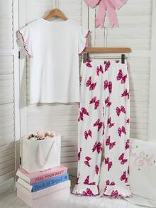 Women's Regular Fuchsia 3D Bow Tie Element Ruffle Sleeve Top And Ruffle Hem Pants Homewear Set, Made Of Soft And Comfortable Fabric, Sweet And Economical Outfit For Girls At Home - White - View 2