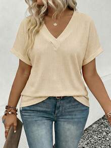 EMERY ROSE Plus Size Women's Fashion Casual Versatile Bestselling Neon Color V-Neck Short Sleeve T-Shirt - Apricot - View 5