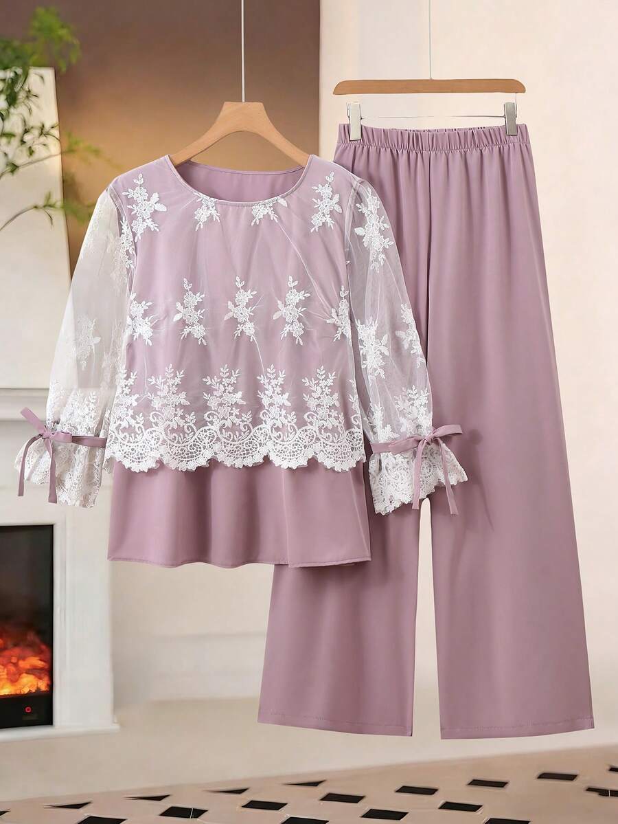 Lacomfia 2pcs/Set Kemeja Lengan Panjang Jala Bordir Kasual Ukuran Besar dan Celana Panjang Kaki Lebar Pinggang Elastis Polos, Musim Semi/Panas - MultiWarna - View 1