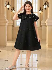 Tween Girl Spring/Summer Elegant Rhinestone Square Neck A-Line Dress, Suitable For Wedding Season Flower Girl Dress, Black Tween Girl - Black - View 4