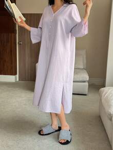DAZY 極簡純色半拉鍊女款居家休閒連身睡裙 - 紫色 - 查看 4