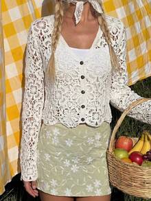 MainGRL Women's White Floral Crochet Cardigan,V Neck Button Front Bell Sleeve Crop Knit,Boho Holiday Vacation Autumn Off-White Sheer Lace Cover Up - White - View 5