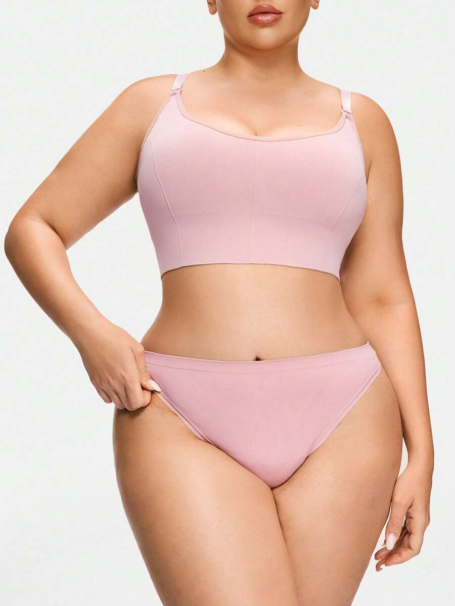 SHEIN Conjunto de sujetador y pantie de mujer de alta calidad, cómodo, de unicolor minimalista, de moda, de alta rentabilidad y talla grande - Rosa vieja - Ver 1