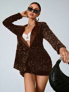 Aveloria Modichic Áo khoác blazer dáng rộng, thiết kế thời trang, phối nhiều mảnh vải đính sequin. - màu nâu - Xem 6